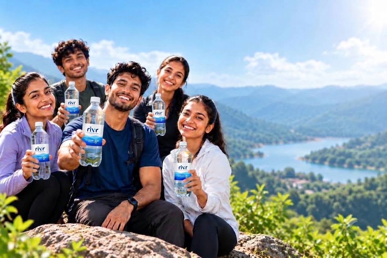 Holding RIVR bottle by the river