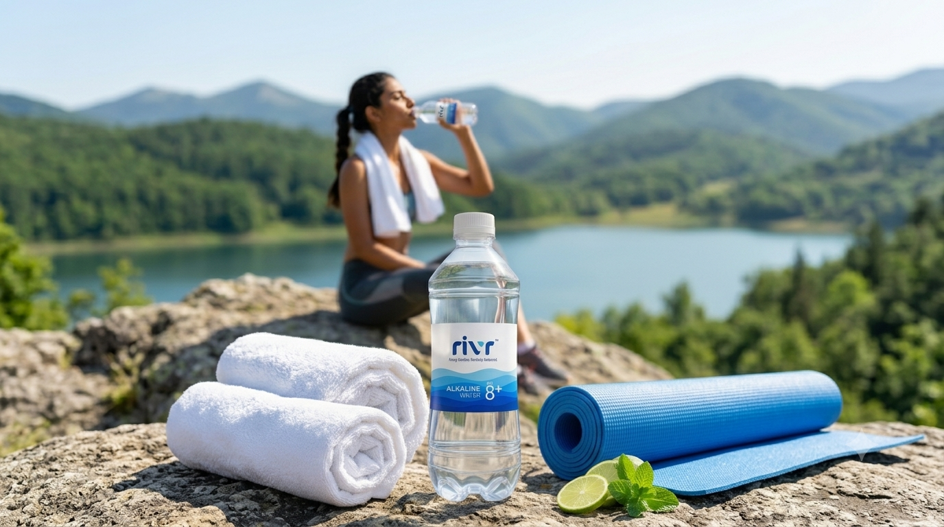 Woman drinking RIVR water outdoors