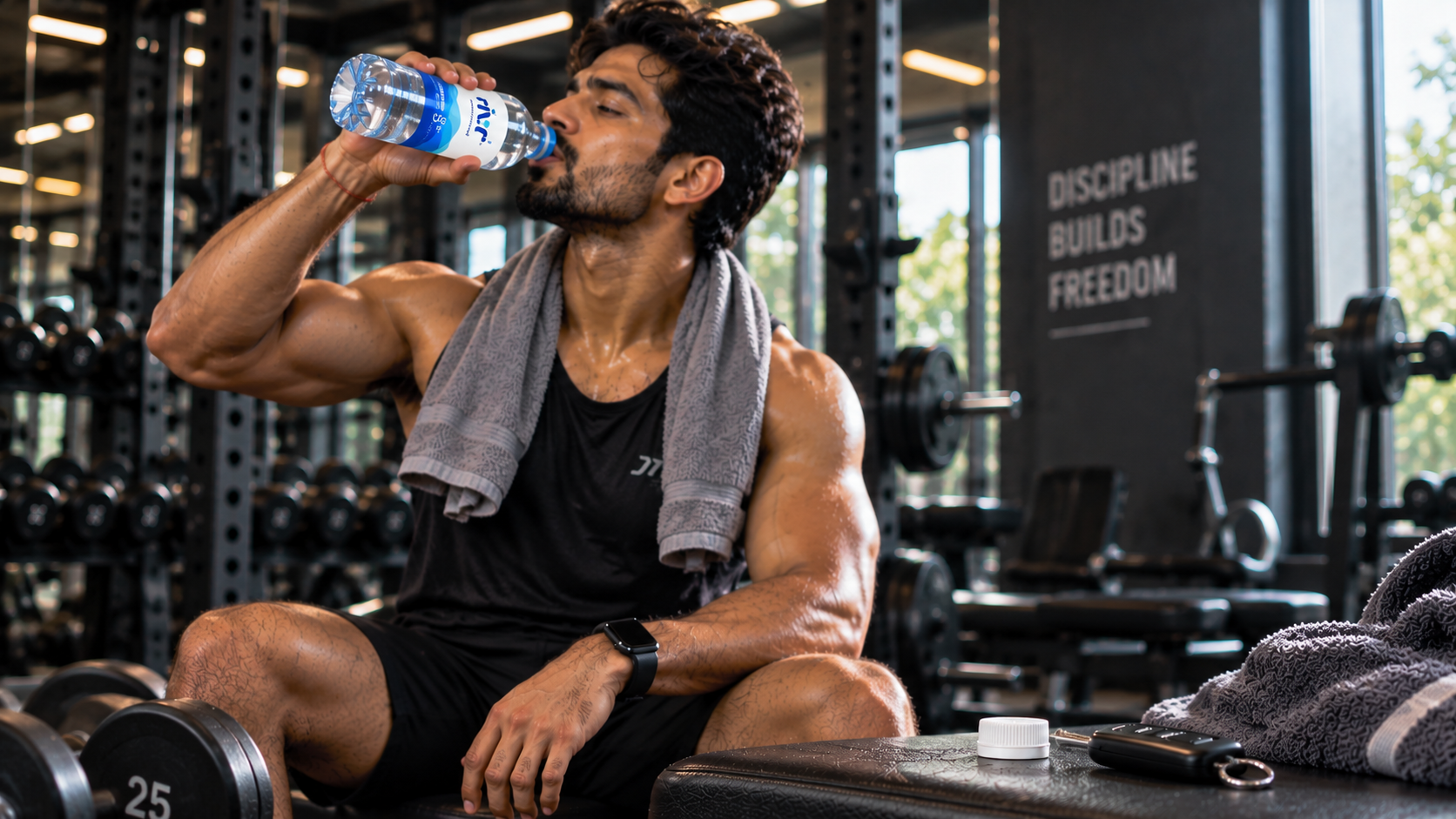 Man drinking RIVR water in the gym